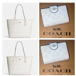 NWT COACH City Tote CV976 & Matching Wallet Chalk/Glacier White Gold Hardware